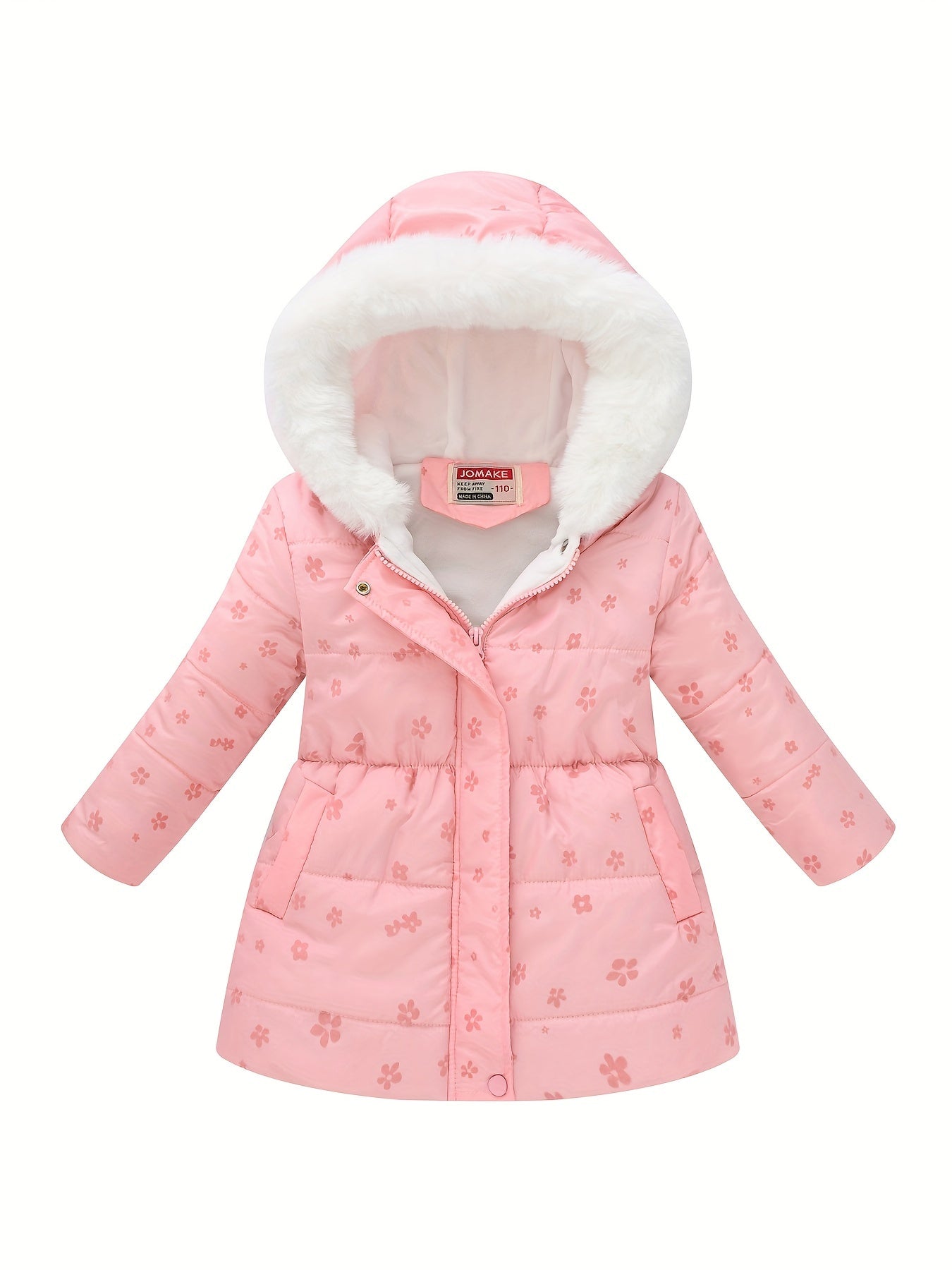 2024 JOMAKE Girls' Cozy Fleece-Lined Hooded Jacket with Floral & Heart Print - Warm Winter Outerwear for Youngsters