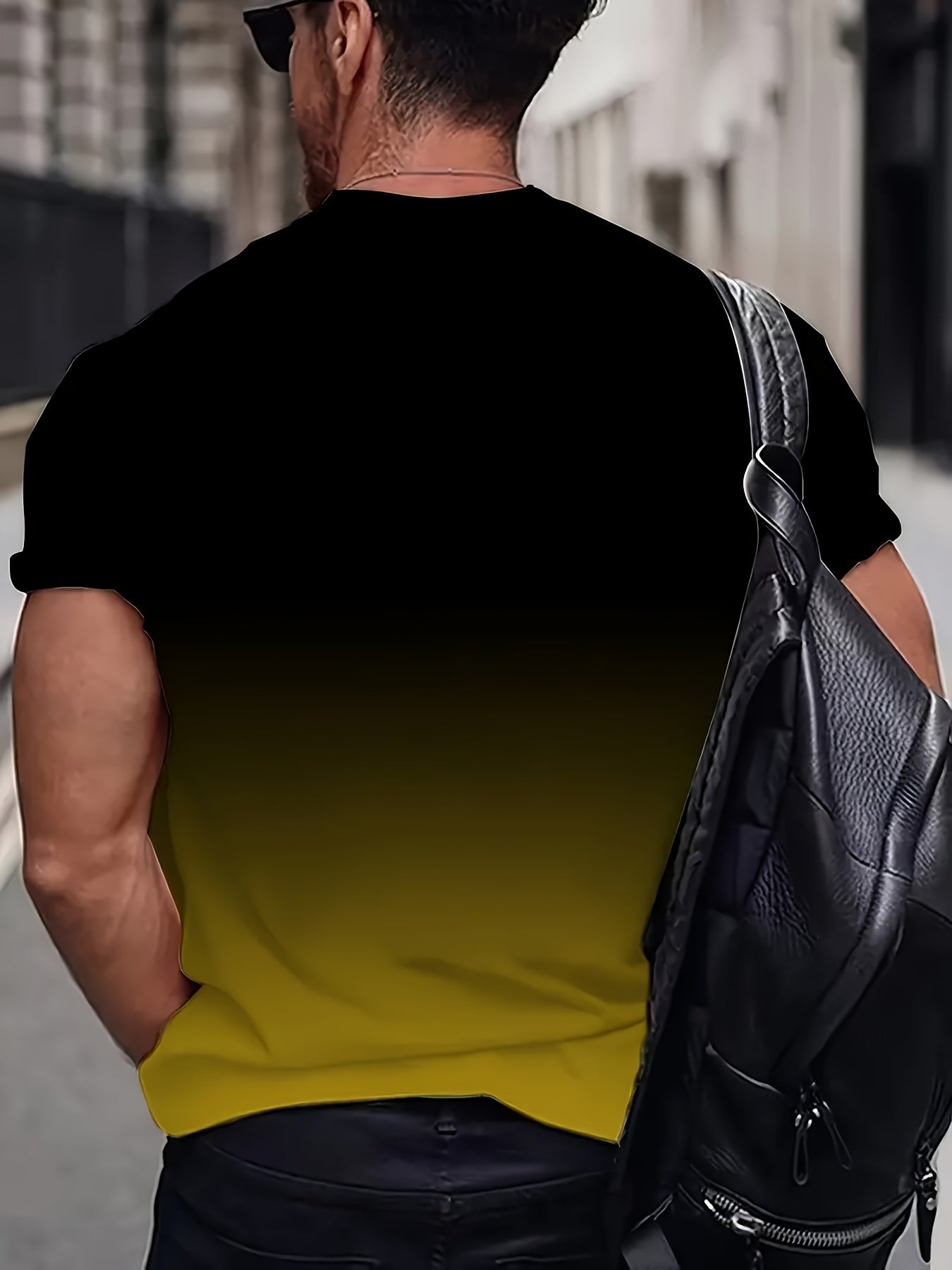 Black Men's Gradient Color Crew Neck T-shirt, Letter Print Summer Top For Daily And Outdoors Wear
