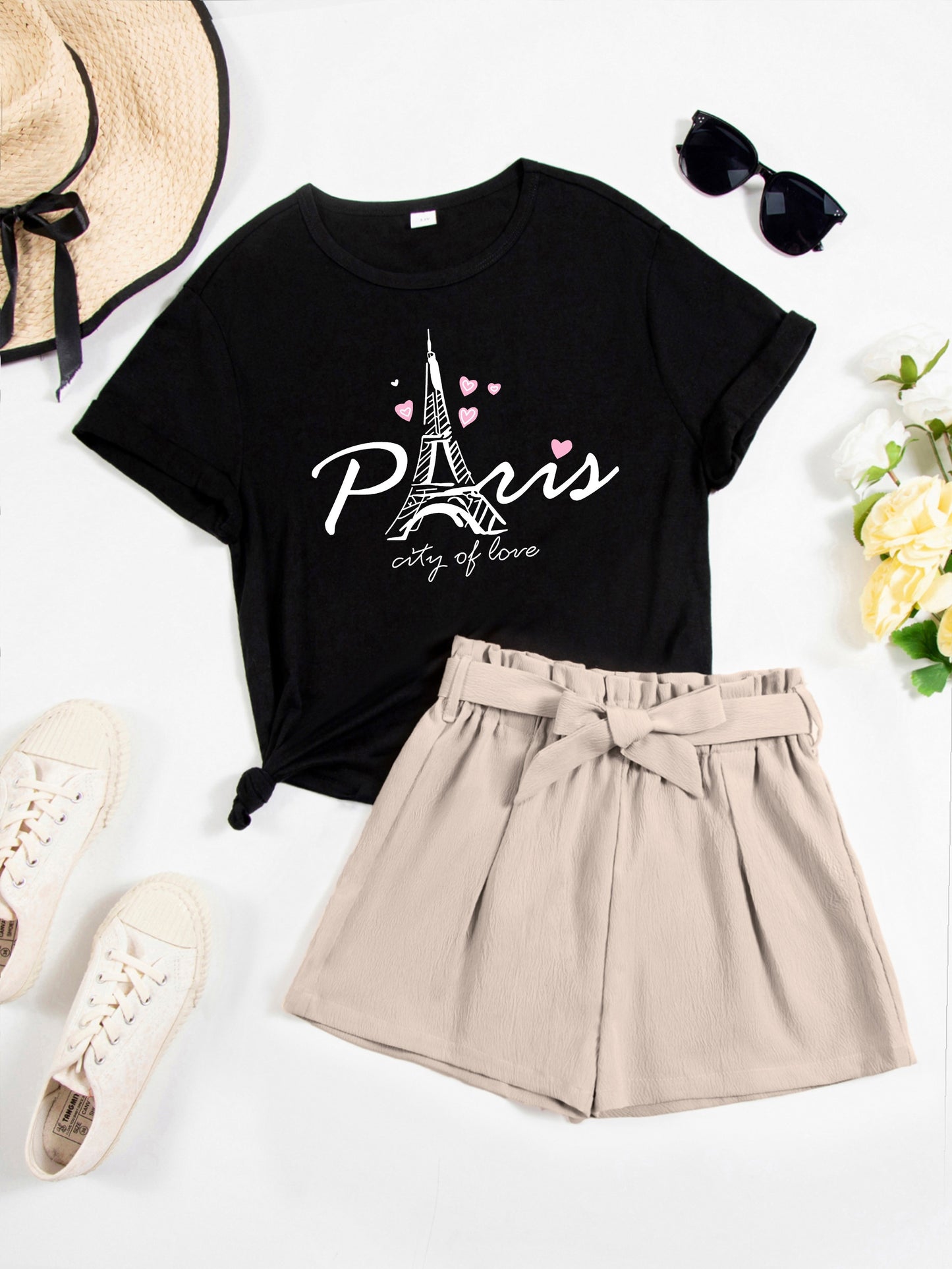 2-Piece Set: Eiffel Tower Graphic Print Teen Girls' Casual Short Sleeve T-shirt & Shorts, Lightweight, Comfy, Cute Summer Clothes