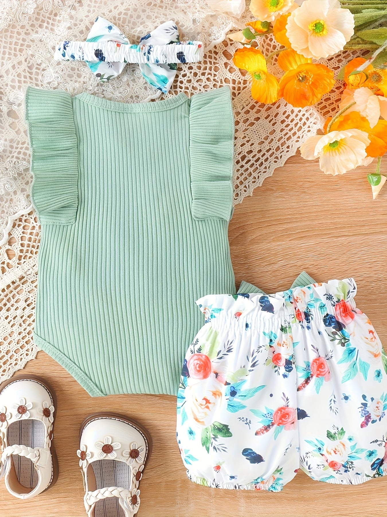 2pcs Infant's Casual Summer Set, Solid Color Ribbed Bodysuit & Floral Pattern Shorts, Baby Girl's Clothes