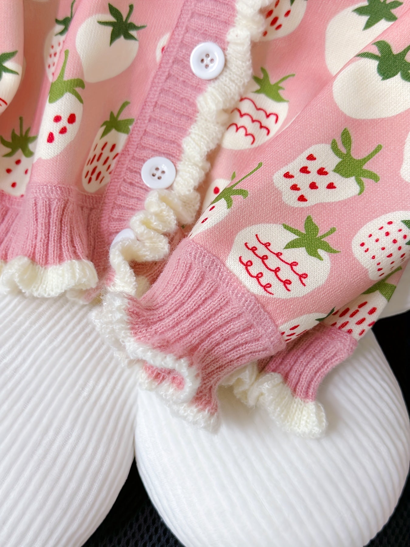 Girls Thermal Comfy Strawberry Print Knit Cardigan - Elegant V-Neck Long Sleeve Button-Down Sweater For Autumn/Winter