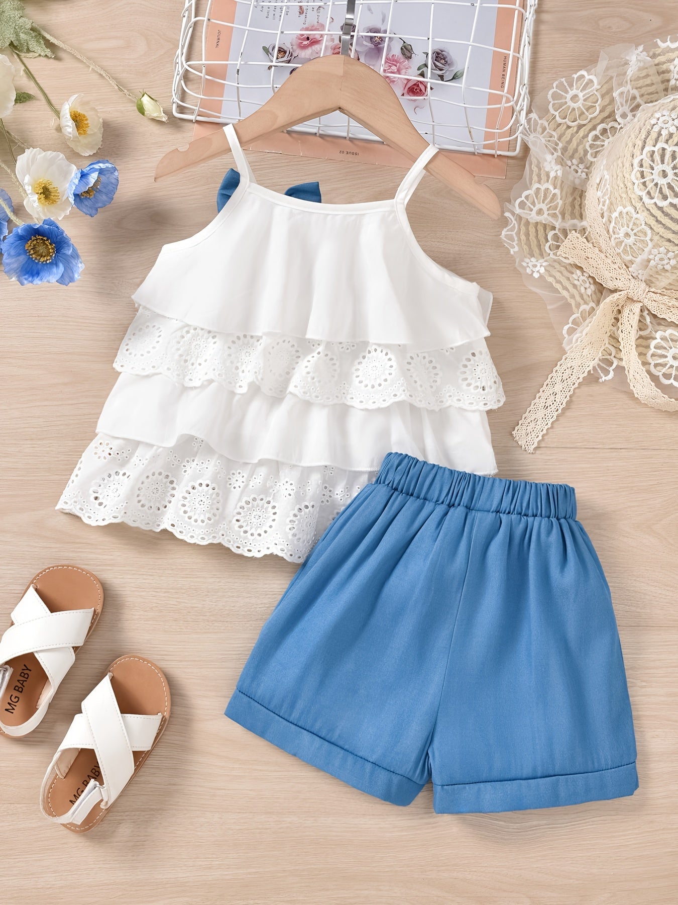 2pcs Girls’ Ruffles Cami Top & Plaid Shorts – Summer Outfit with Flower Hollow Bow