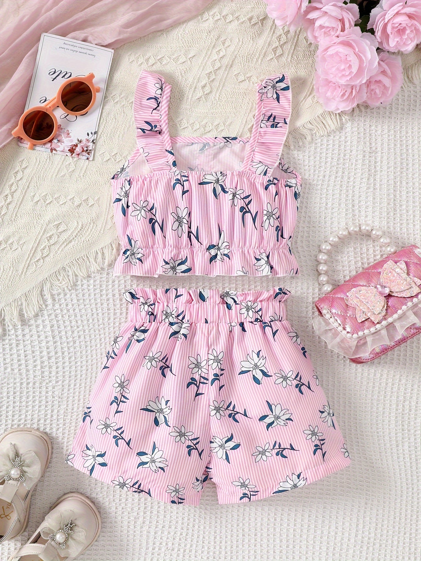 Girl's Suspender Floral Print Top + Shorts, Summer Leisure Vacation Two-piece Set