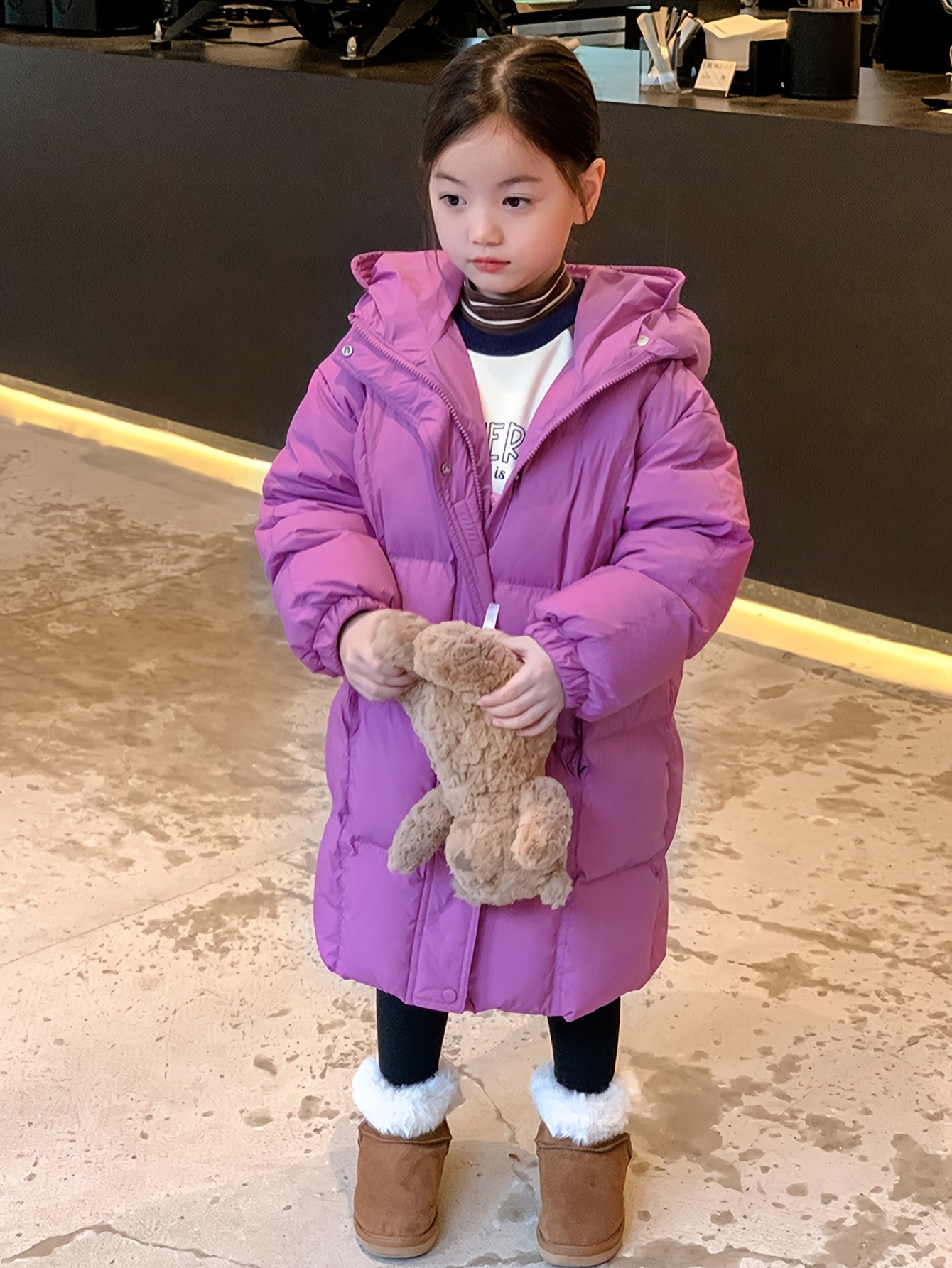 1pc Girls' Winter 2024 Casual Style Hooded Puffer Coat, Thickened Windproof Mid-Length, Solid Color Polyester Filling, Regular Fit, Non-Stretch Fabric
