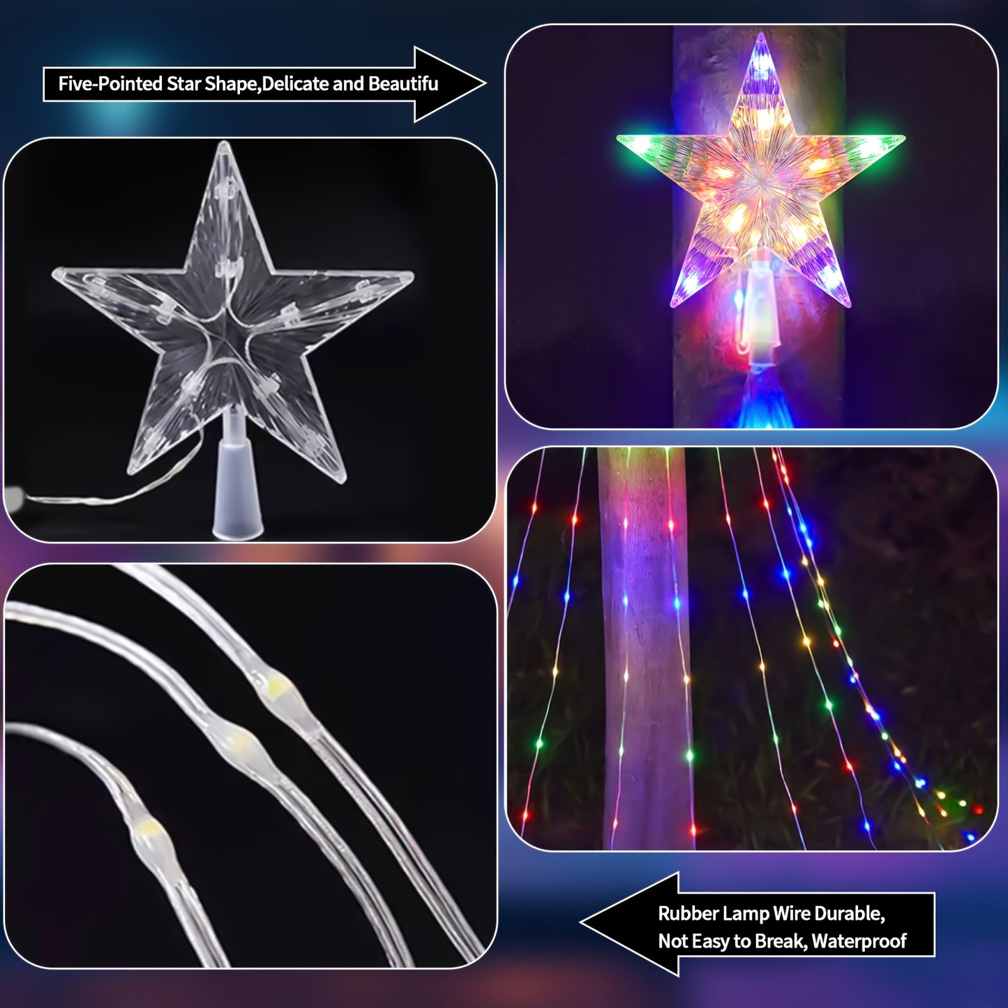 10ft Multicolor Star String Lights with 320 LEDs - Waterfall Christmas Tree Fairy Lights with Star Topper, 8 Lighting Modes for Indoor/Outdoor Holiday Decor, Christmas Decor