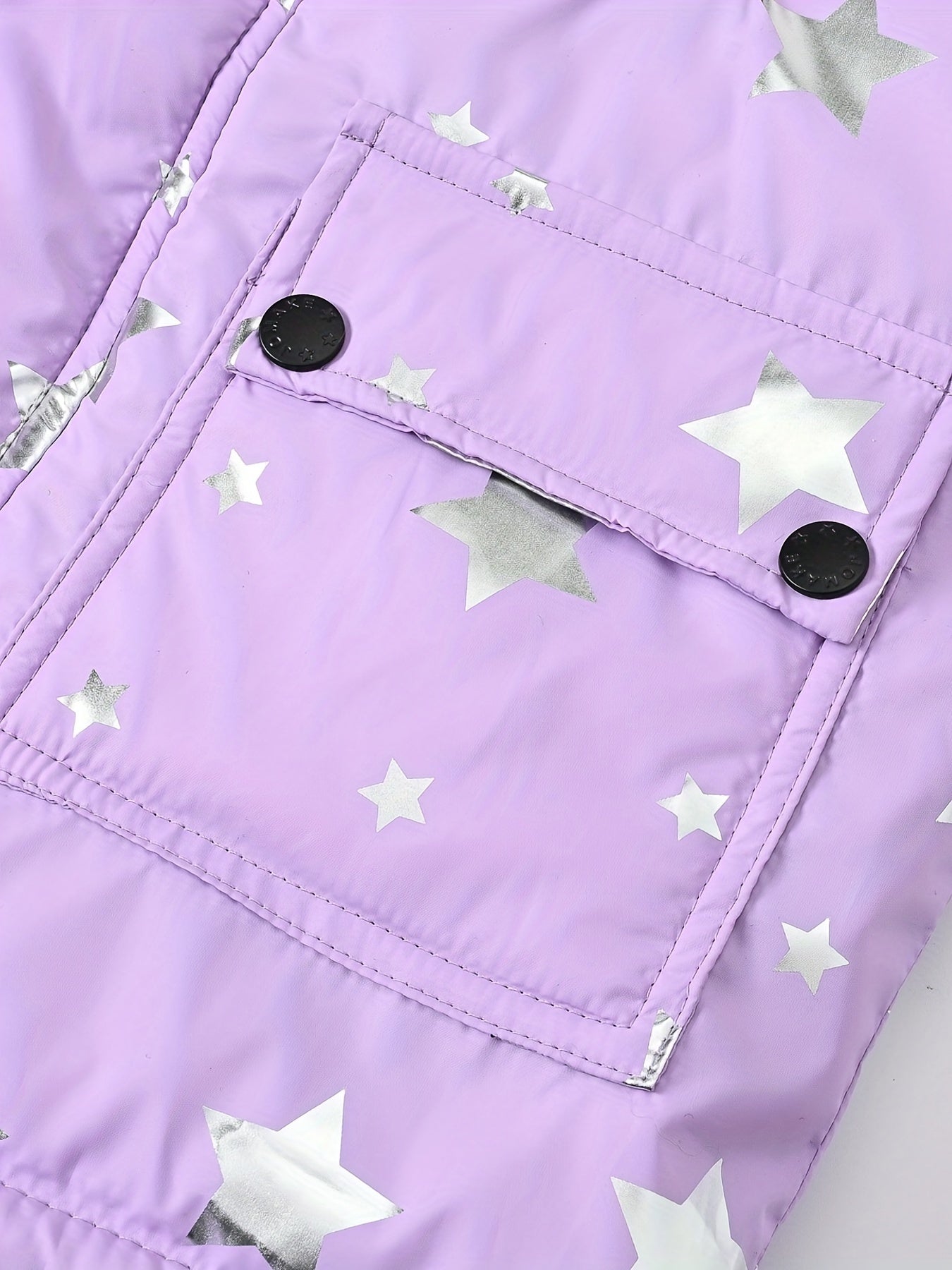 Thick Padded Full Print Hooded Coat For Girls, Detachable Hood Zip-up Casual Parkas For Winter/Fall, Stars/Dots Outdoor Cloth