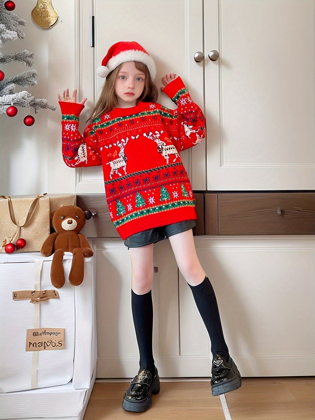 2025 Kids’ Reindeer Knit Sweater – Cute Long Sleeve Crew Neck Pullover for Girls