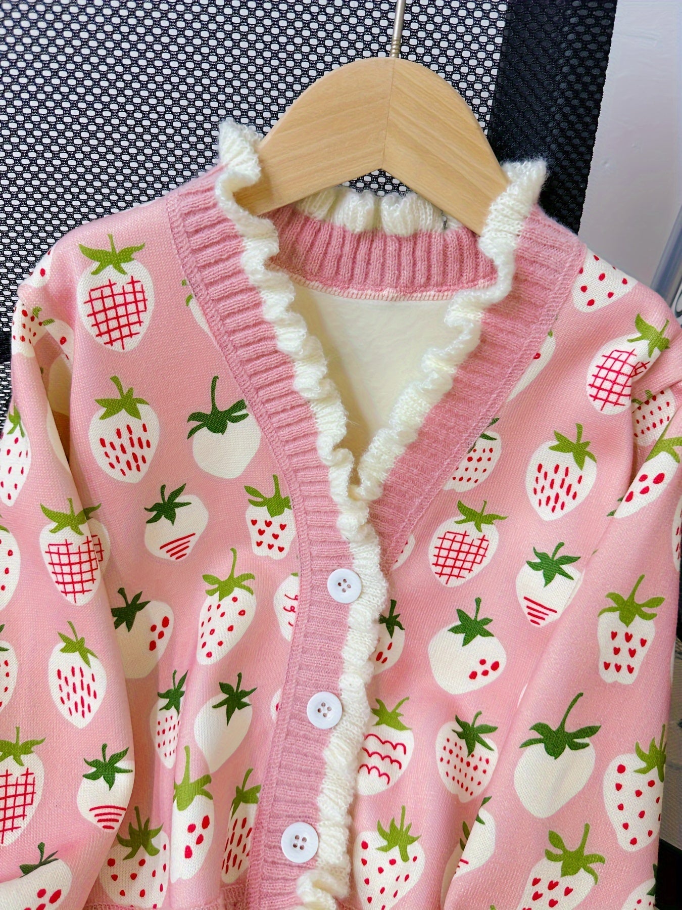 Girls Thermal Comfy Strawberry Print Knit Cardigan - Elegant V-Neck Long Sleeve Button-Down Sweater For Autumn/Winter