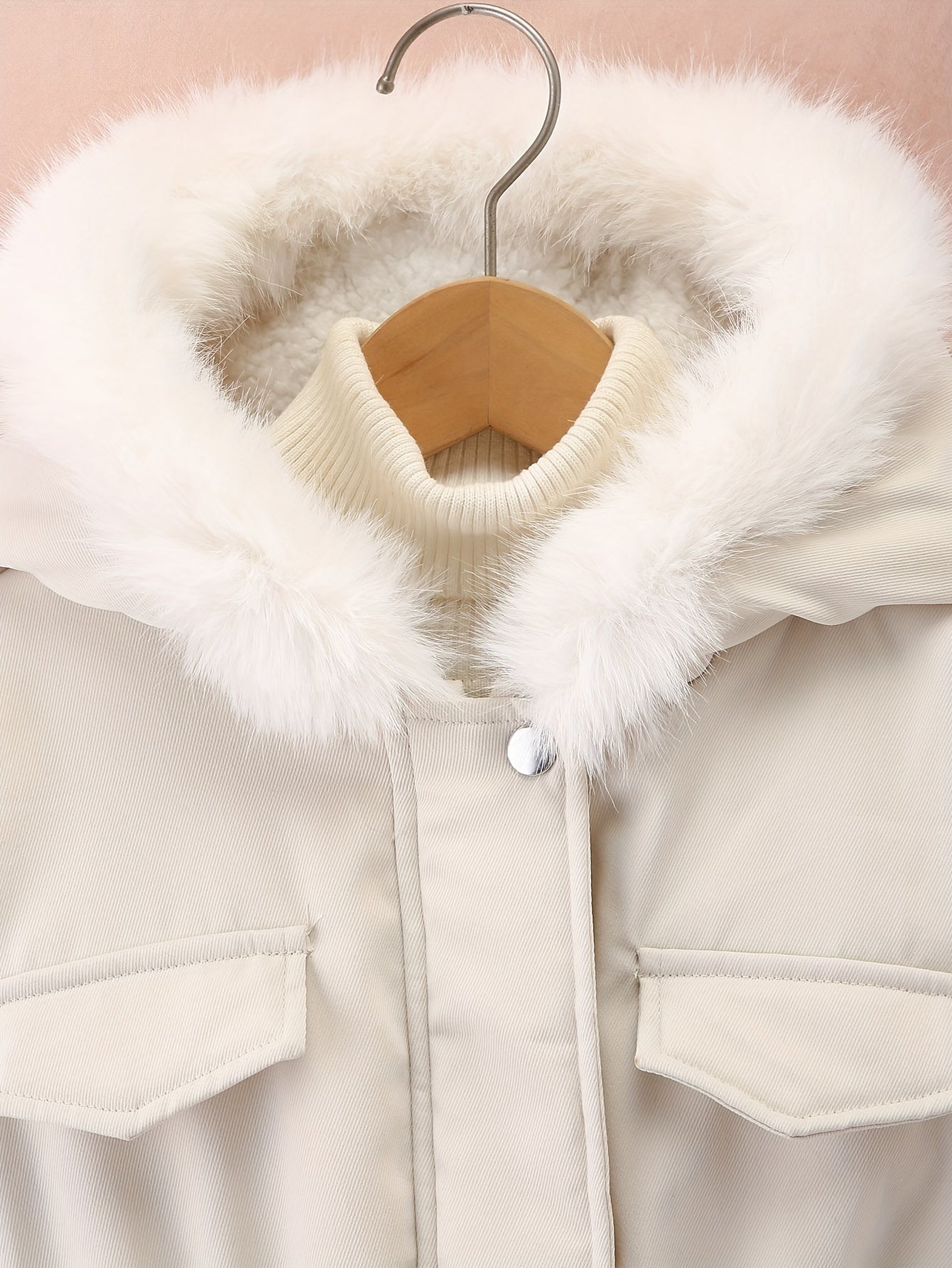 Thick Fleece-lined Girls Elegant Mid-length Jacket with Furry Collar, Hooded, Solid Color, Elastic Waist, All-match