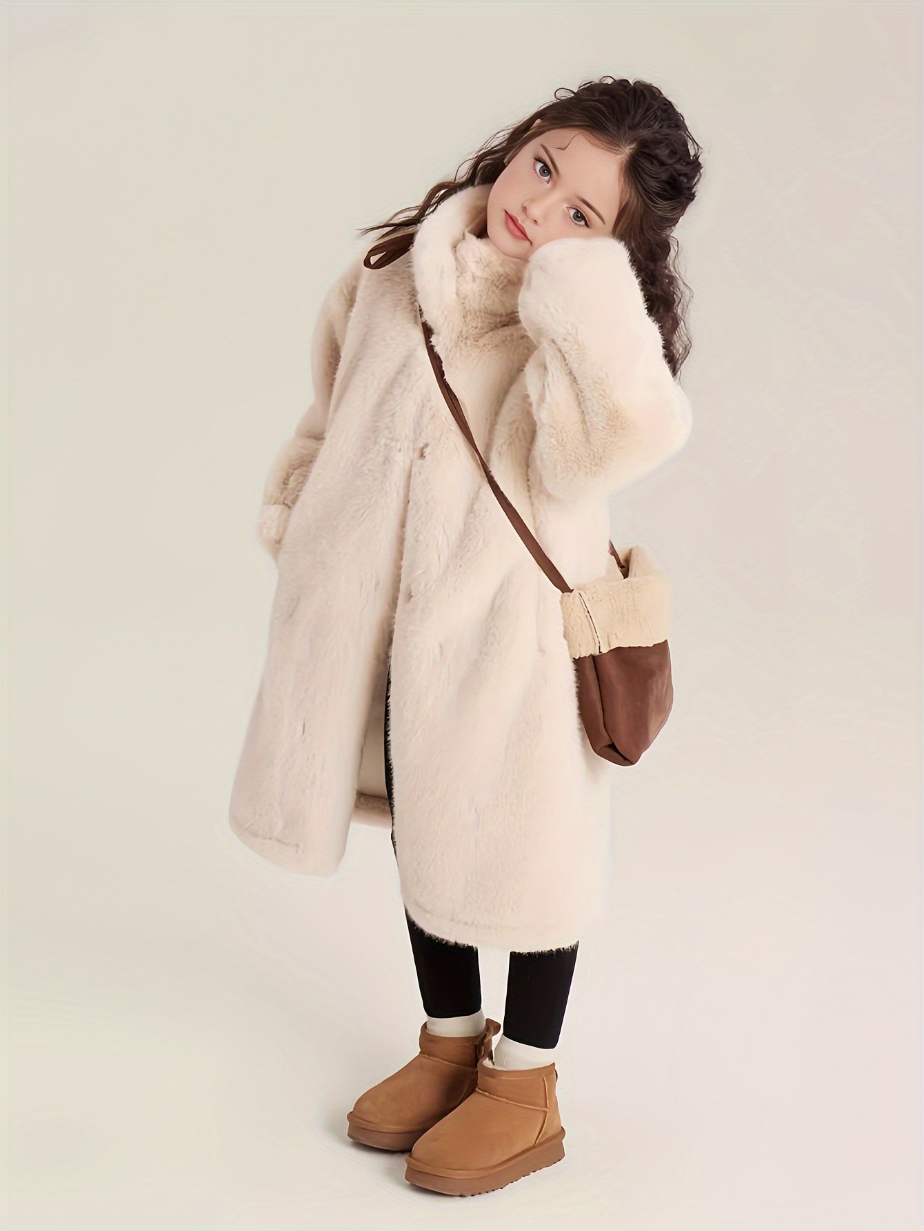 2024 Elegant Girls' Long Plush Coat - Warm, Thick Winter Jacket with Button Front & Round Neck, Perfect for Casual Outings