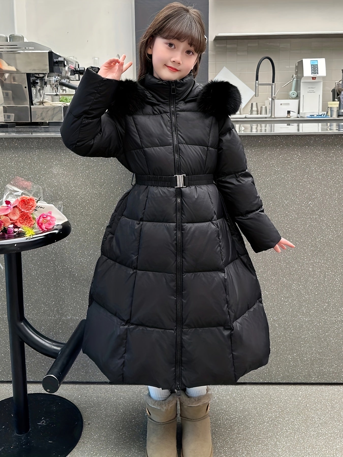 Elegant Long-Length Hooded Parka for Girls, Winter Slim Fit Puffer Coat with Belt, 100% Polyester Composition, Non-Stretch Solid Color with Flared Hem, Regular Sleeve