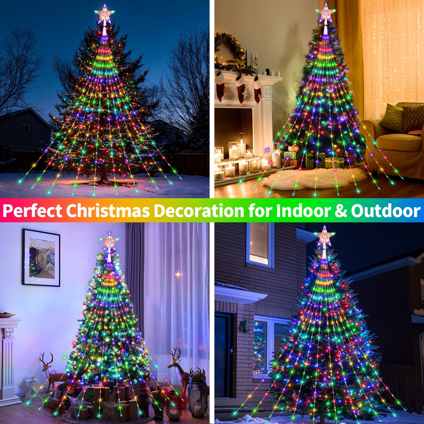 10ft Multicolor Star String Lights with 320 LEDs - Waterfall Christmas Tree Fairy Lights with Star Topper, 8 Lighting Modes for Indoor/Outdoor Holiday Decor, Christmas Decor