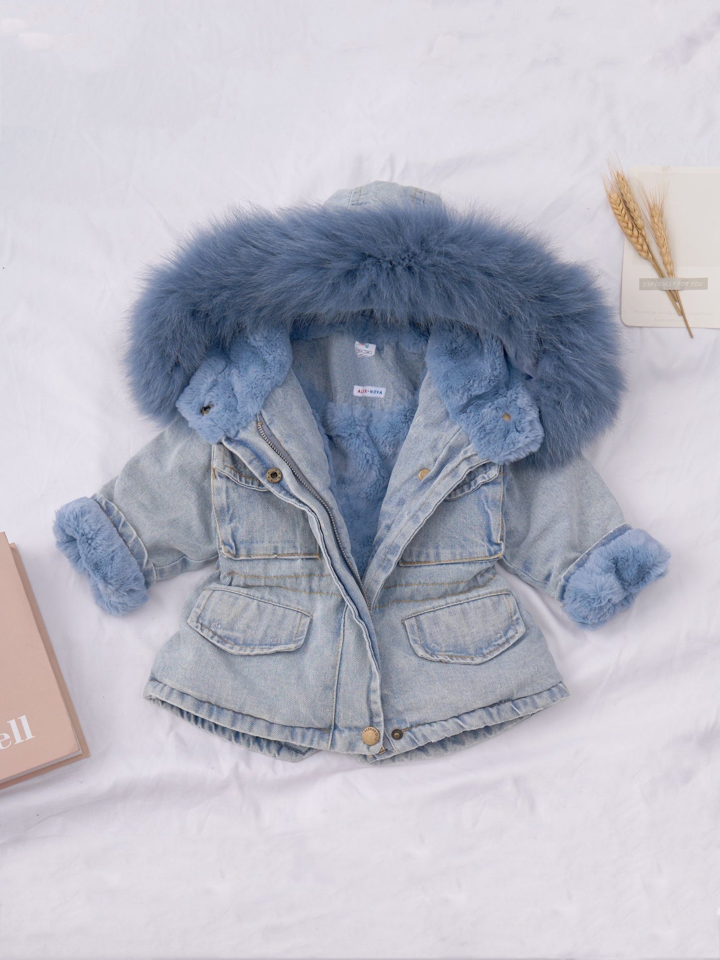 2024 Holly Oversized Denim Fur Hooded Winter Coat Jacket - Soft Faux Fur Lined, Water Resistant, Thicken Padded, Adjustable Hood, Zipper Closure, Stylish and Warm for Cold Weather