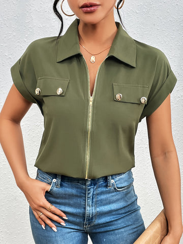 Vibrant Solid Color Short Sleeve Blouse - Convenient Zipper Front Closure — view 1 of women's clothing