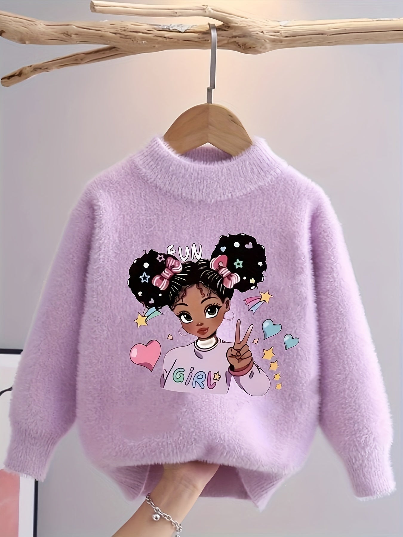 Bohemian Style Girls' Knit Sweater – Cartoon Print, Round Neck, Faux Mink Soft Pullover