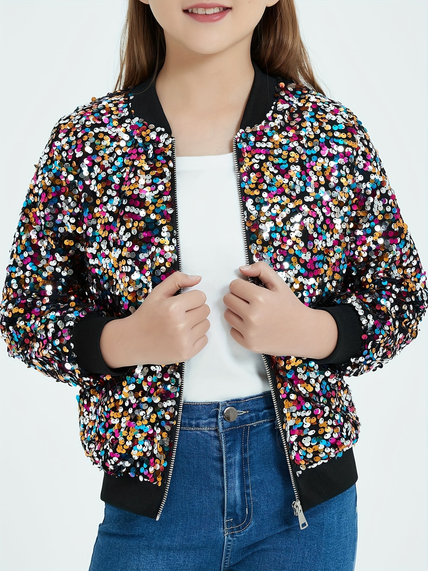 Sparkling Mebius Girls' Sequin Jacket - Long Sleeve Lightweight Zipper Bomber Jacket with Pockets for Kids 6-12 Years Old - Outerwear for School and Casual Wear
