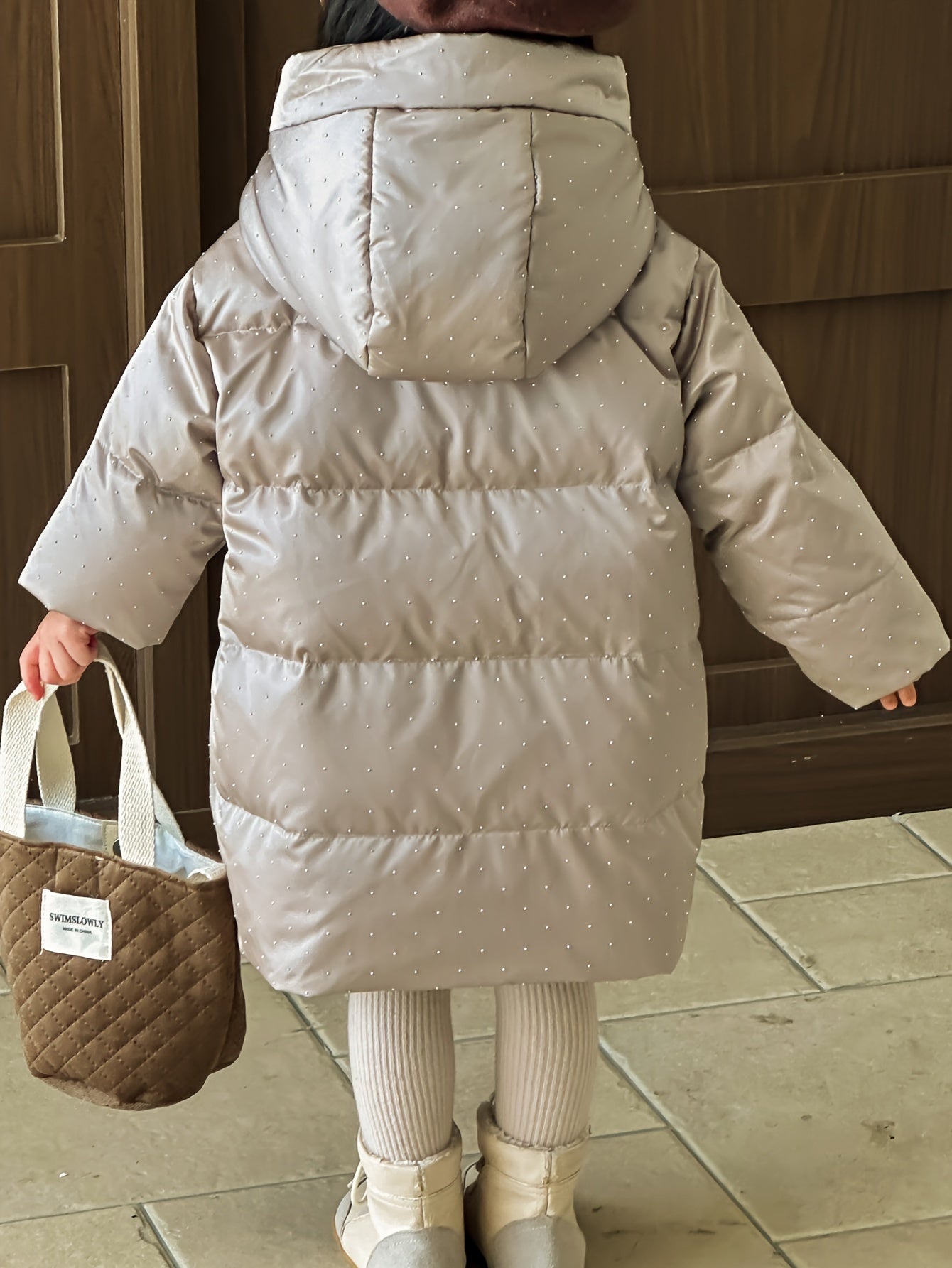 2024 Girls Winter Polka Dots Hooded Down Coat, Mid-Length Long Sleeve Duck Down Filled Casual Warm Outerwear
