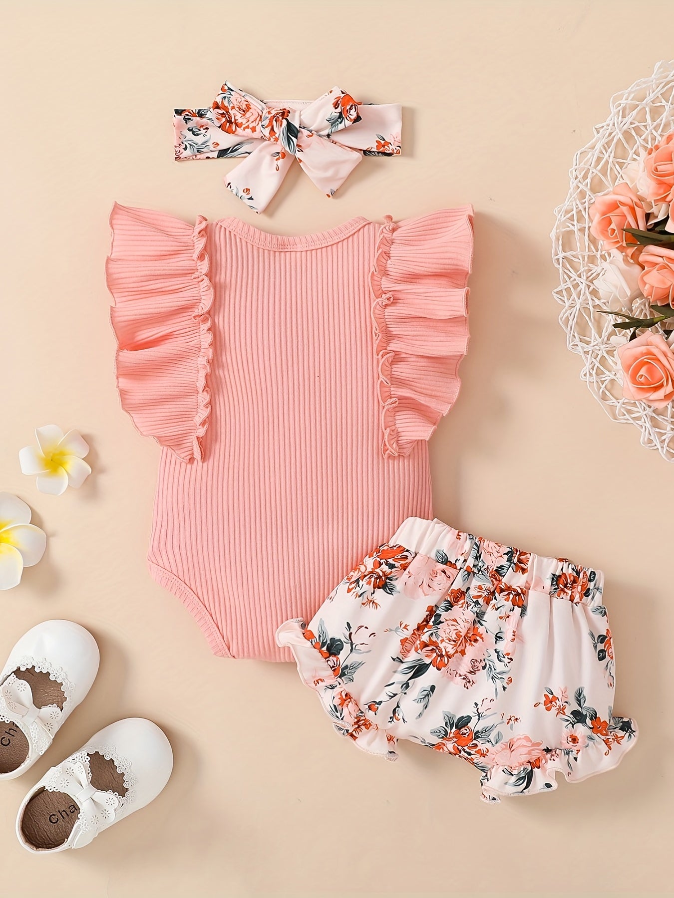 3pcs Baby Girls’ "Daddy's Girl" Ruffle Sleeve Onesie, Floral Shorts & Headband – Summer Outdoor Set