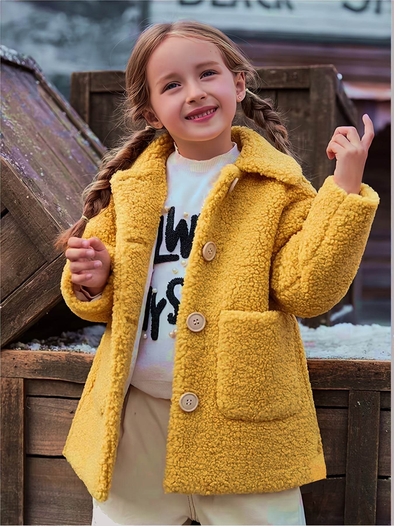 2024 Elegant Shearling Windbreaker Coat - Lapel Collar, Pocket, Slight Stretch, Solid Color, Hand Washable - Winter Thermal Jacket for Girls