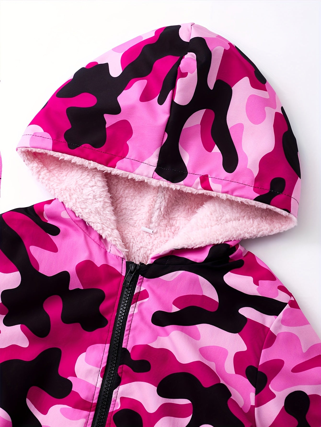 Girl's Camouflage Long Sleeve Hooded Jacket, Cute Trendy Versatile Fleece Lining Windproof Coat For Winter And Autumn