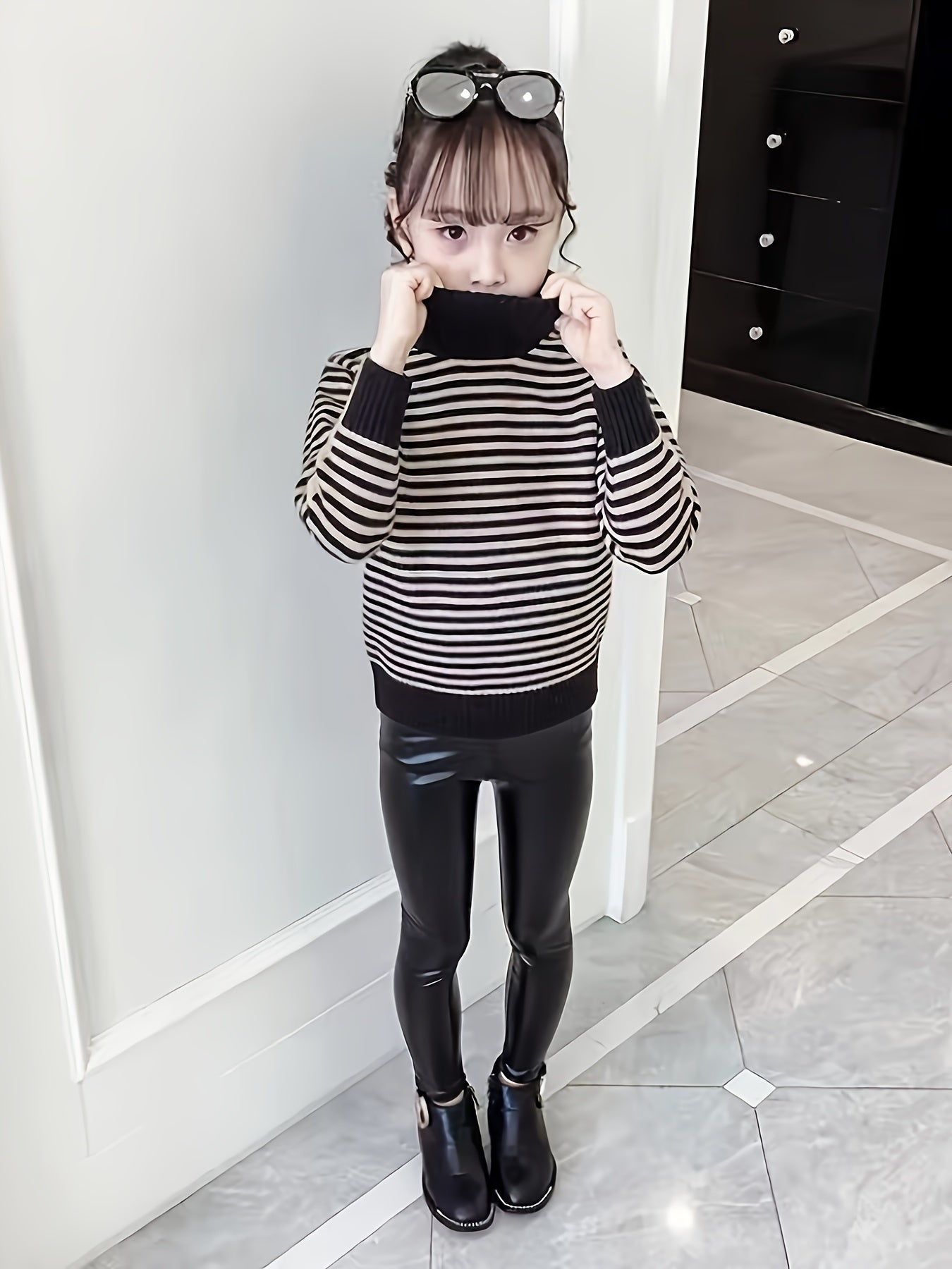 Cozy Girls' Long Sleeve Striped Knit Turtleneck Sweater for Autumn and Winter - Warm Layering Top