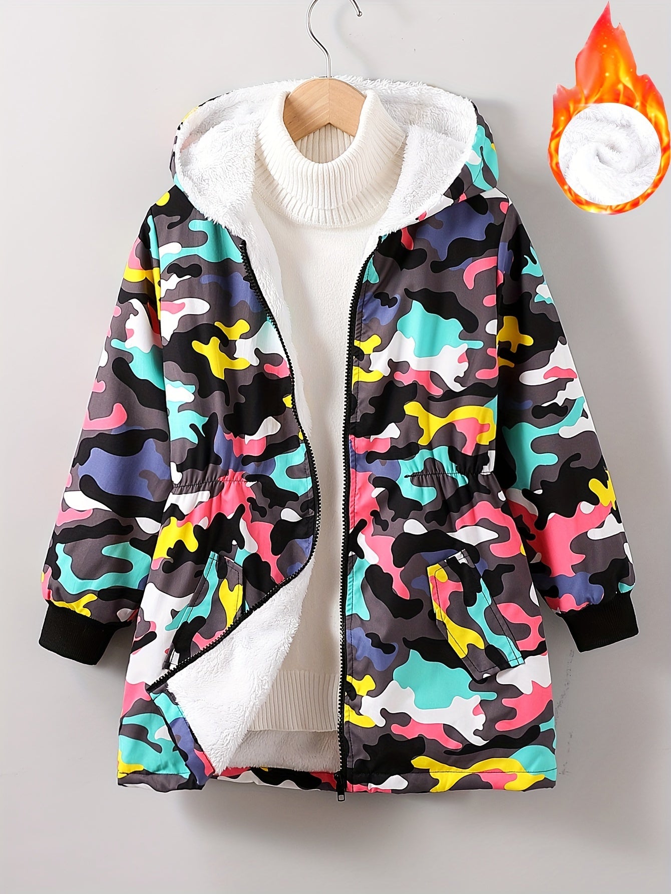 Girl's Camouflage Long Sleeve Hooded Jacket, Cute Trendy Versatile Fleece Lining Windproof Coat For Winter And Autumn