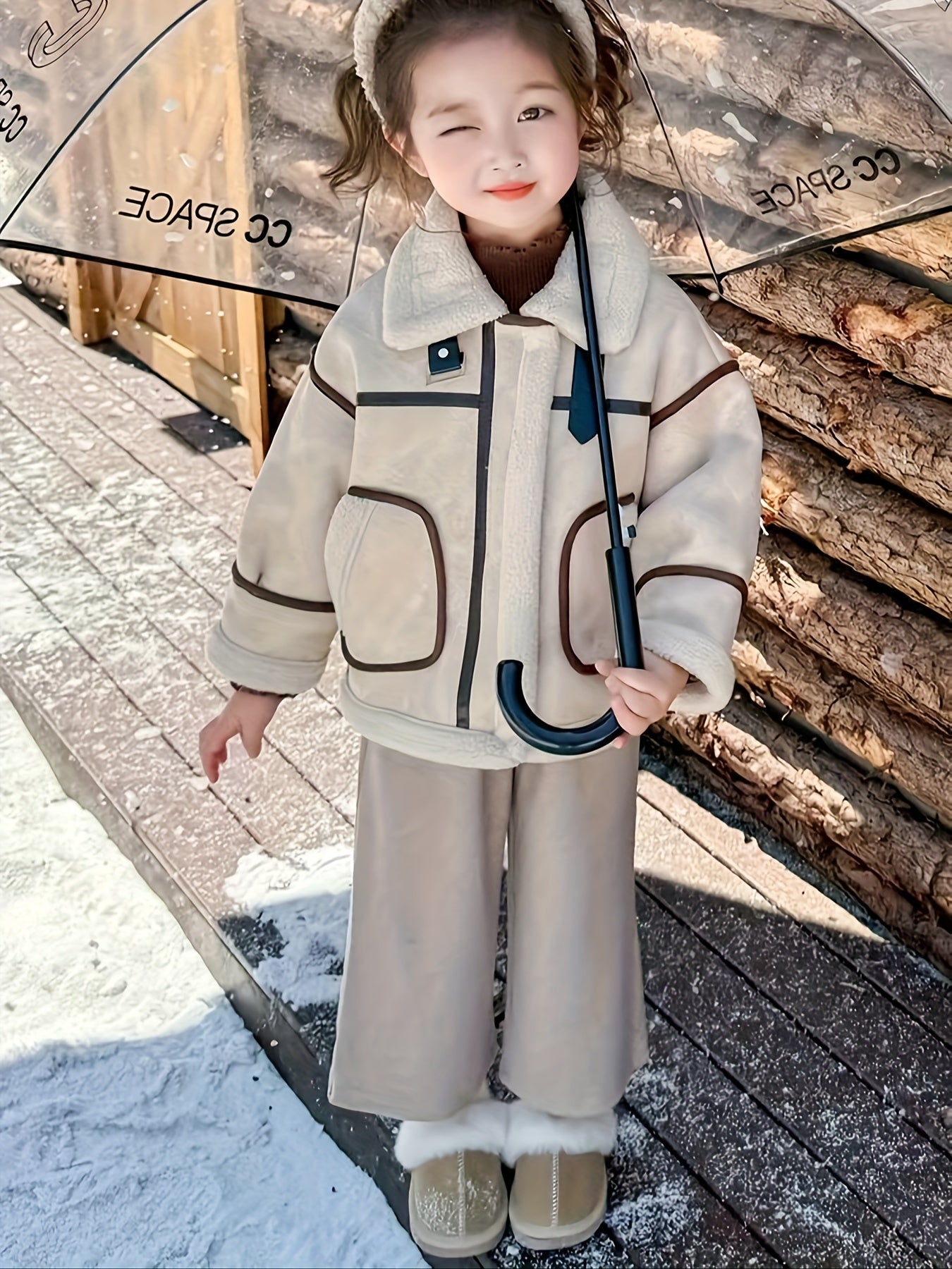 2024 Girls' Fashion Faux Fur Leather Jacket, Winter Solid Color Elegant Coat, Polyester Lining, Regular Fit, Round Neck, Pockets