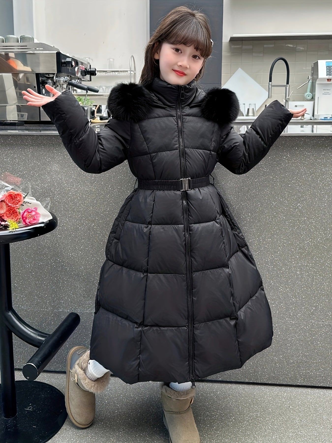 Elegant Long-Length Hooded Parka for Girls, Winter Slim Fit Puffer Coat with Belt, 100% Polyester Composition, Non-Stretch Solid Color with Flared Hem, Regular Sleeve