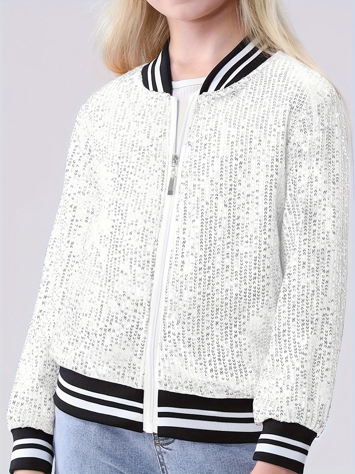 Sparkling Mebius Girls' Sequin Jacket - Long Sleeve Lightweight Zipper Bomber Jacket with Pockets for Kids 6-12 Years Old - Outerwear for School and Casual Wear