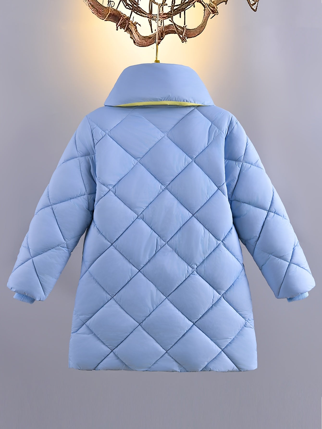 Girls’ Knee-High Puffer Coat with Flower Scarf – Casual Stand Collar, Long Sleeve, Zipper Closure