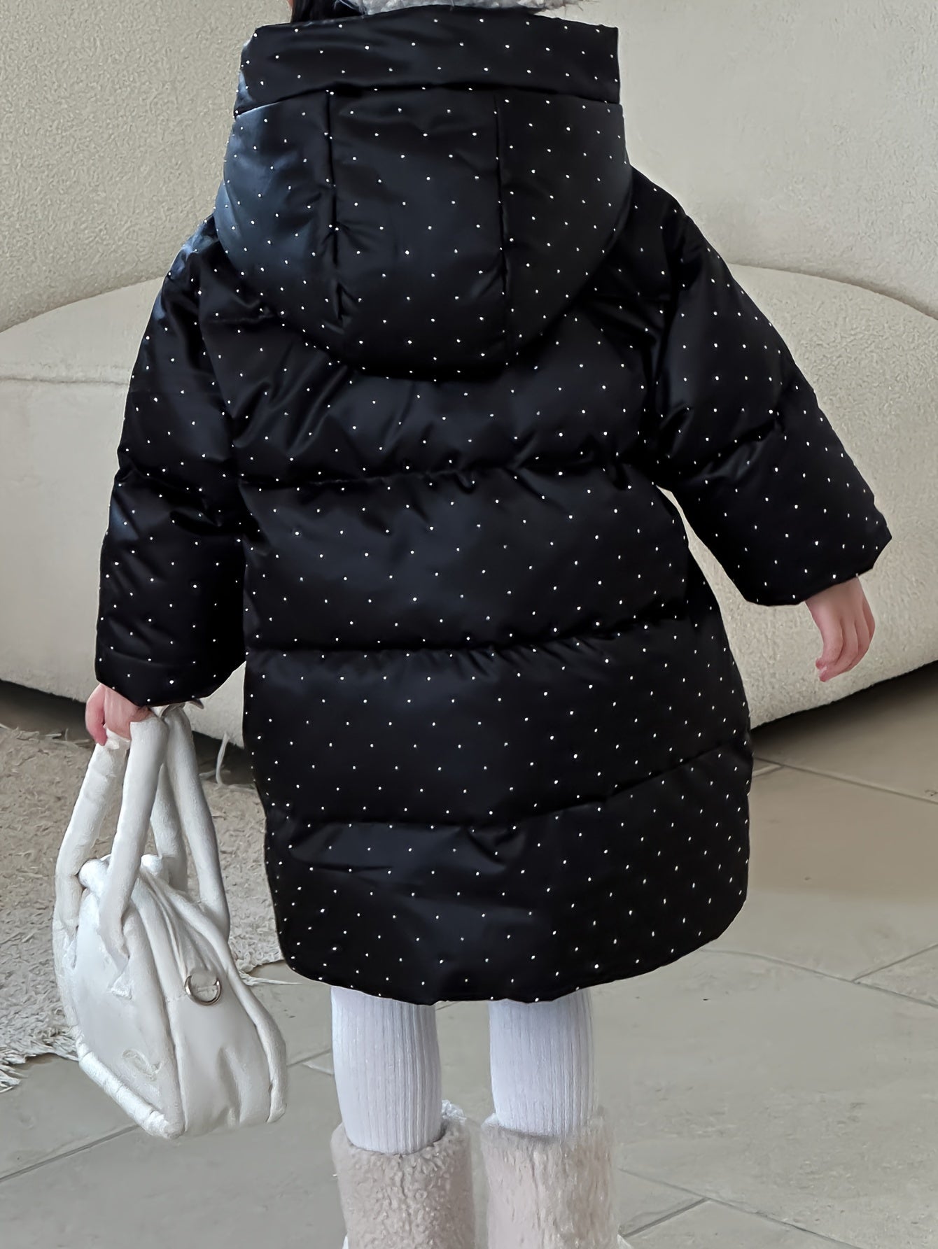 2024 Girls Winter Polka Dots Hooded Down Coat, Mid-Length Long Sleeve Duck Down Filled Casual Warm Outerwear