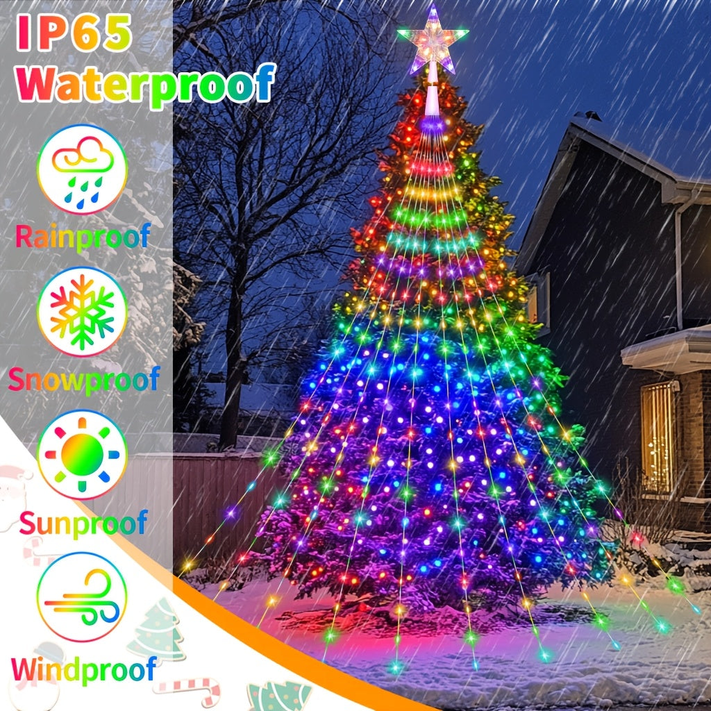 10ft Multicolor Star String Lights with 320 LEDs - Waterfall Christmas Tree Fairy Lights with Star Topper, 8 Lighting Modes for Indoor/Outdoor Holiday Decor, Christmas Decor