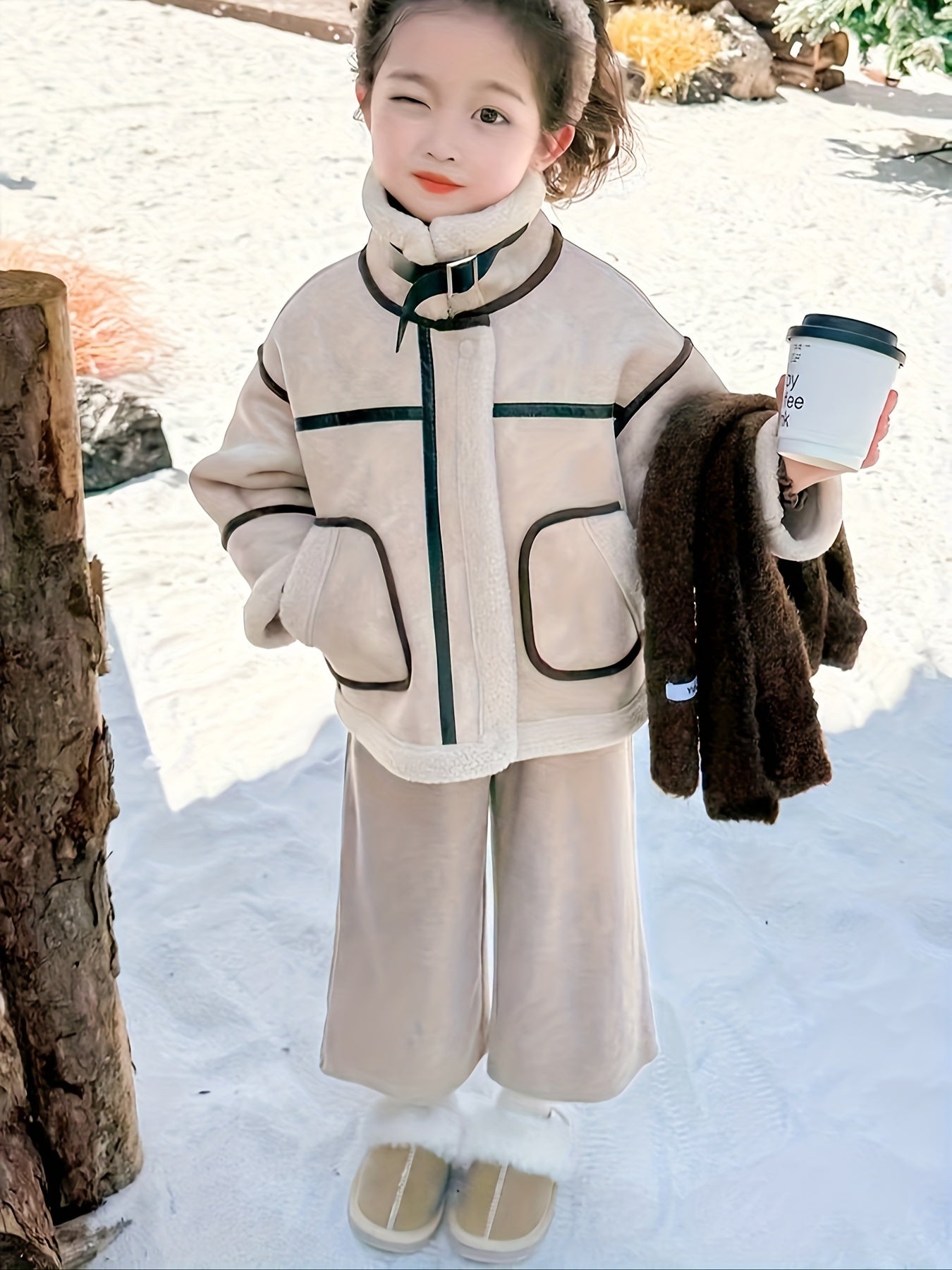 2024 Girls' Fashion Faux Fur Leather Jacket, Winter Solid Color Elegant Coat, Polyester Lining, Regular Fit, Round Neck, Pockets