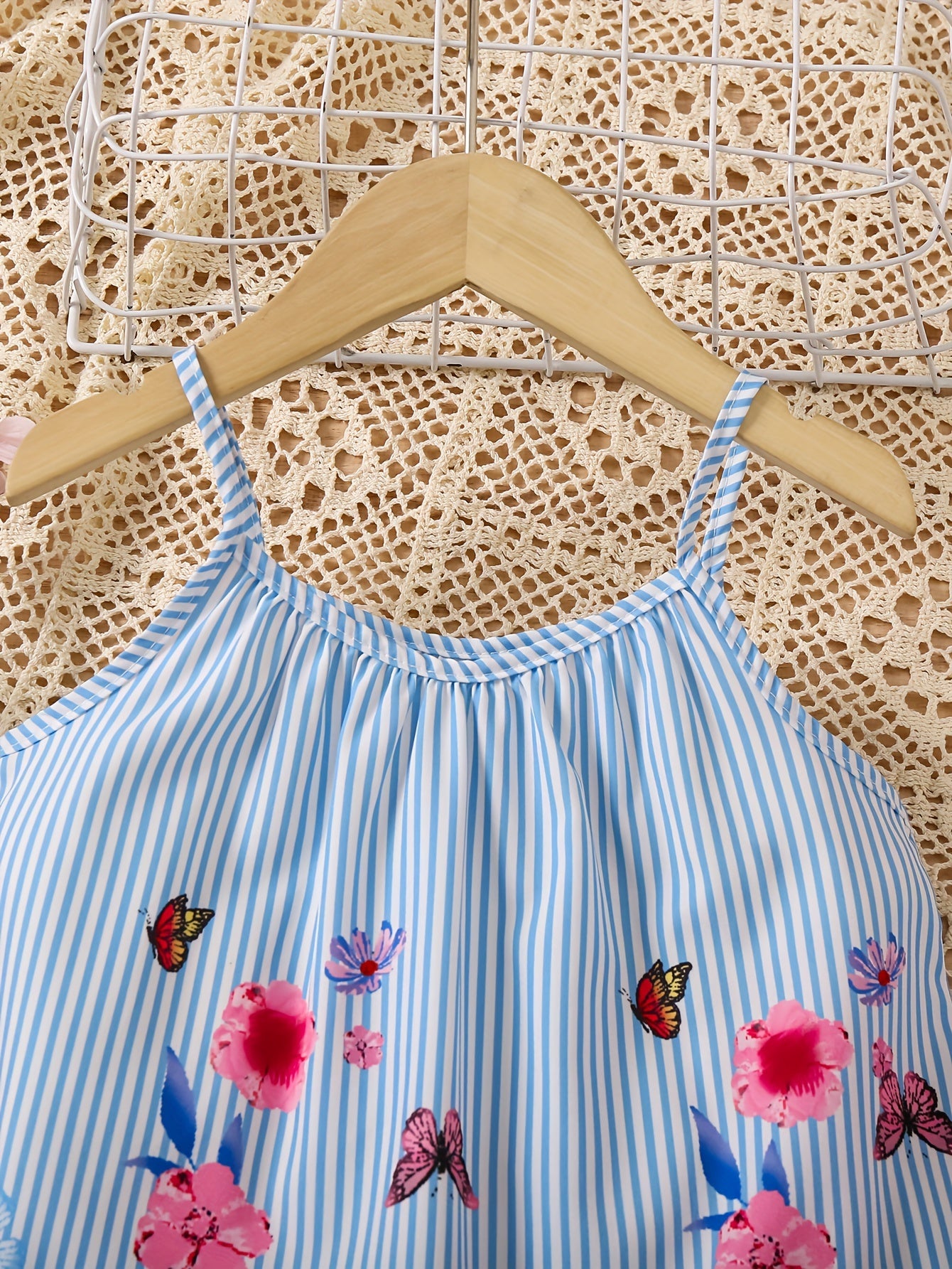 3D Full-Print Girls’ Blue Striped Floral Camisole Top + Legging Shorts – Summer Casual Outfit