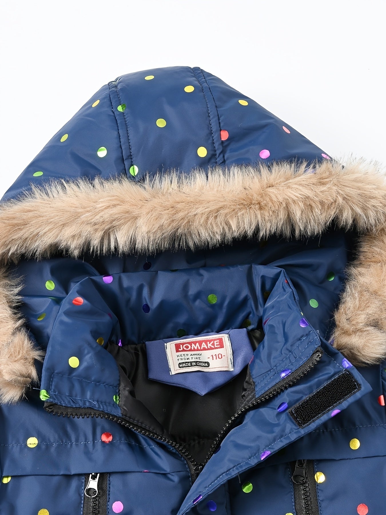 Thick Padded Full Print Hooded Coat For Girls, Detachable Hood Zip-up Casual Parkas For Winter/Fall, Stars/Dots Outdoor Cloth