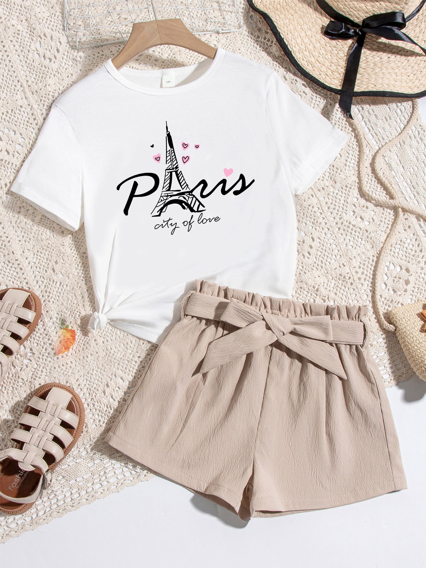2-Piece Set: Eiffel Tower Graphic Print Teen Girls' Casual Short Sleeve T-shirt & Shorts, Lightweight, Comfy, Cute Summer Clothes