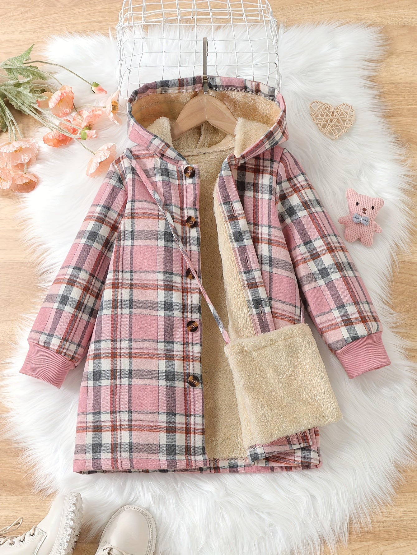 Thick Plush Liner Girls Winter Jacket & Bag, Warm Button Up Long Cardigan Hooded Coats For Autumn And Winter