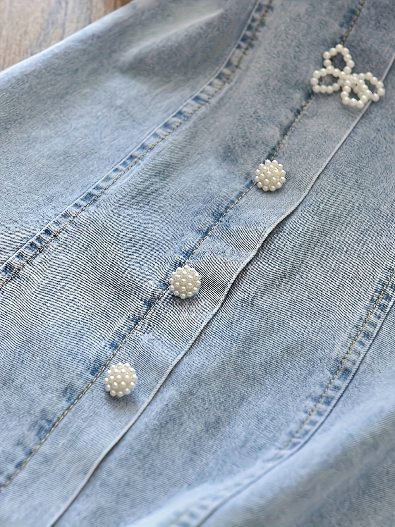 Elegant Children's Pearl Bubble Lace Sleeve Denim A-line Dress with Butterfly Details - Polyester Blend with Spandex, Slight Stretch, Summer (Ages 12 and Under)