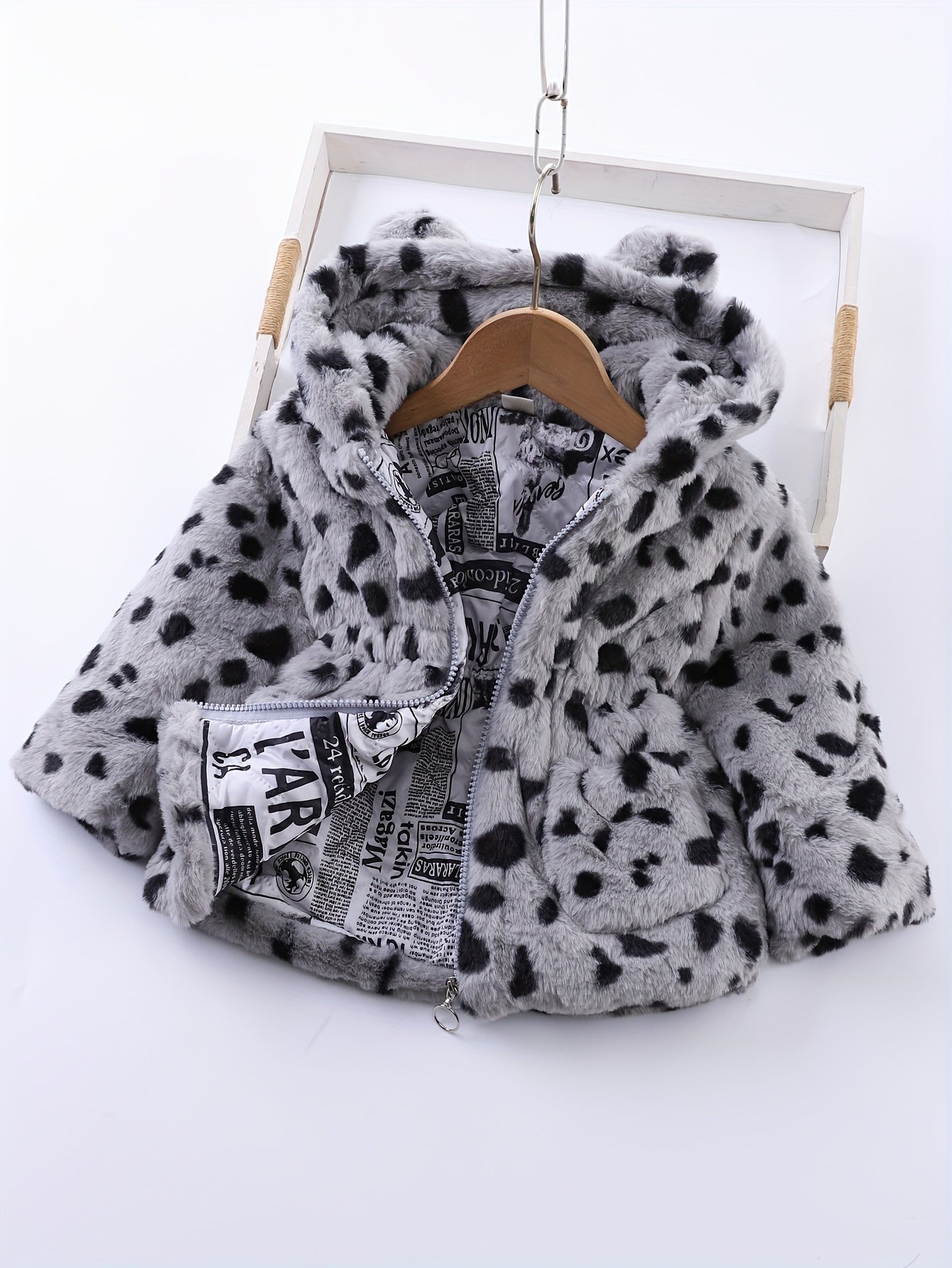 2024 Winter Girl's Fleece Leopard Print Coat, Casual Hooded Jacket For Kids