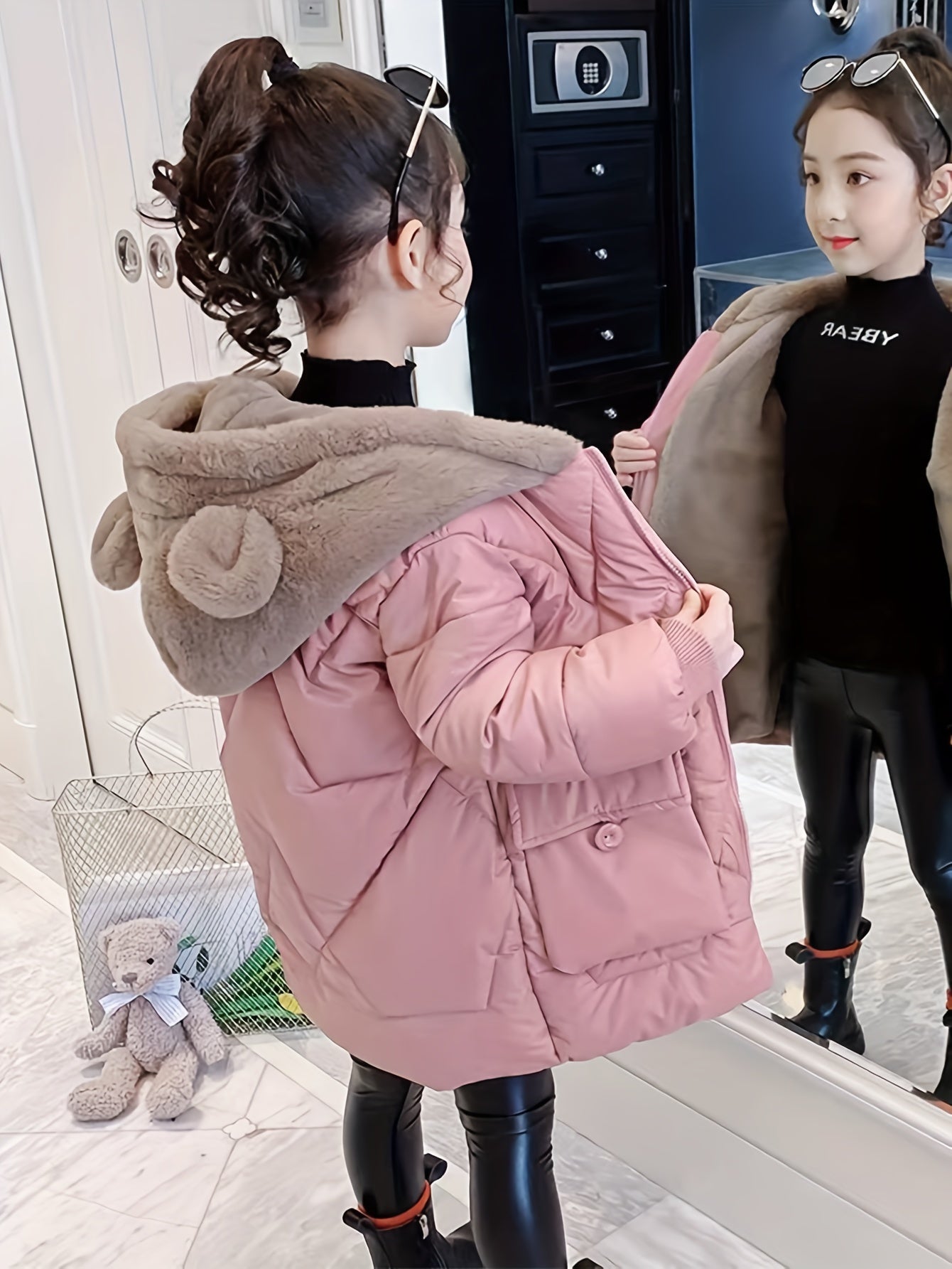 Girls’ Winter Cotton Jacket with Teddy Bear Ears – Hooded Mid-Length Pink Coat