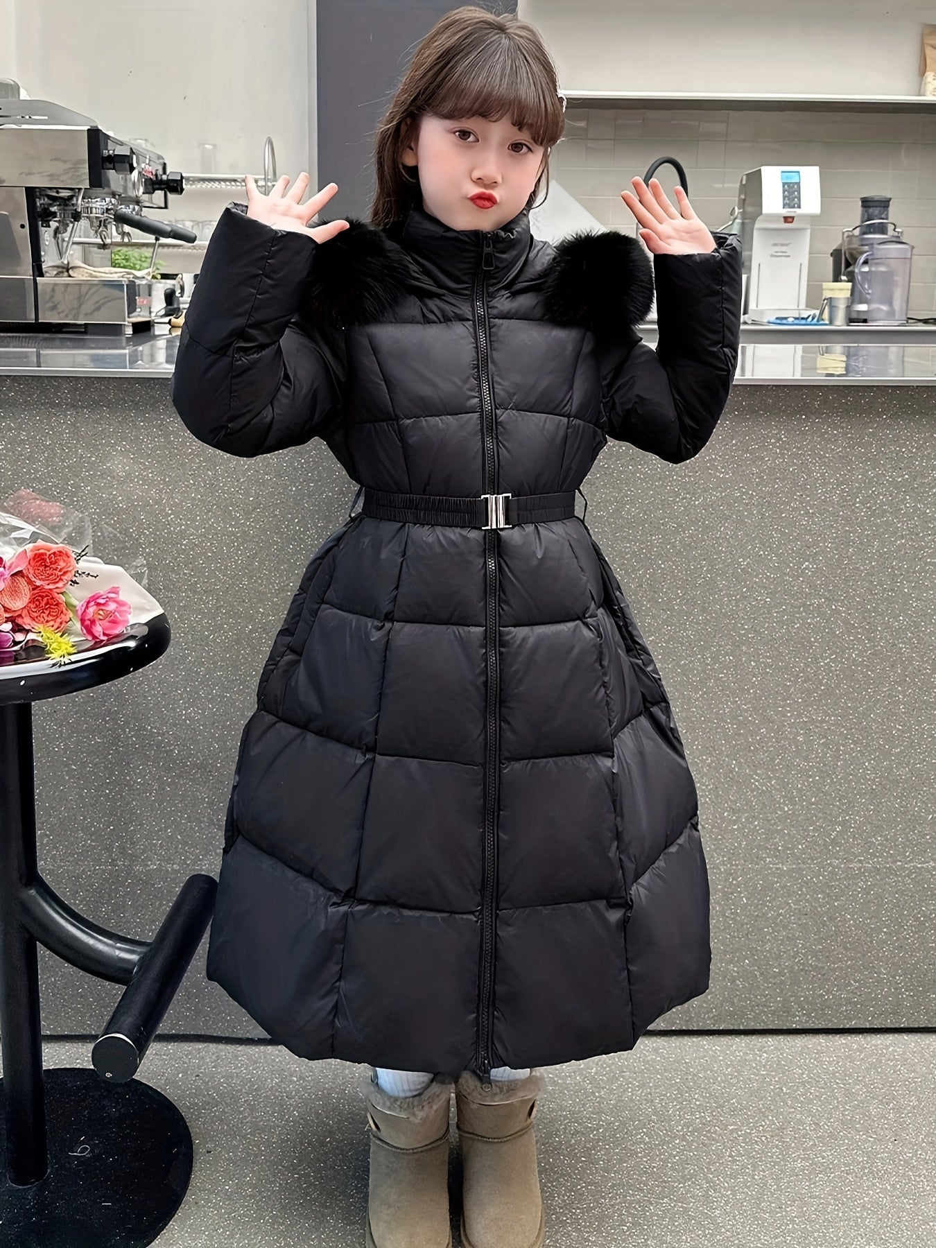 Elegant Long-Length Hooded Parka for Girls, Winter Slim Fit Puffer Coat with Belt, 100% Polyester Composition, Non-Stretch Solid Color with Flared Hem, Regular Sleeve
