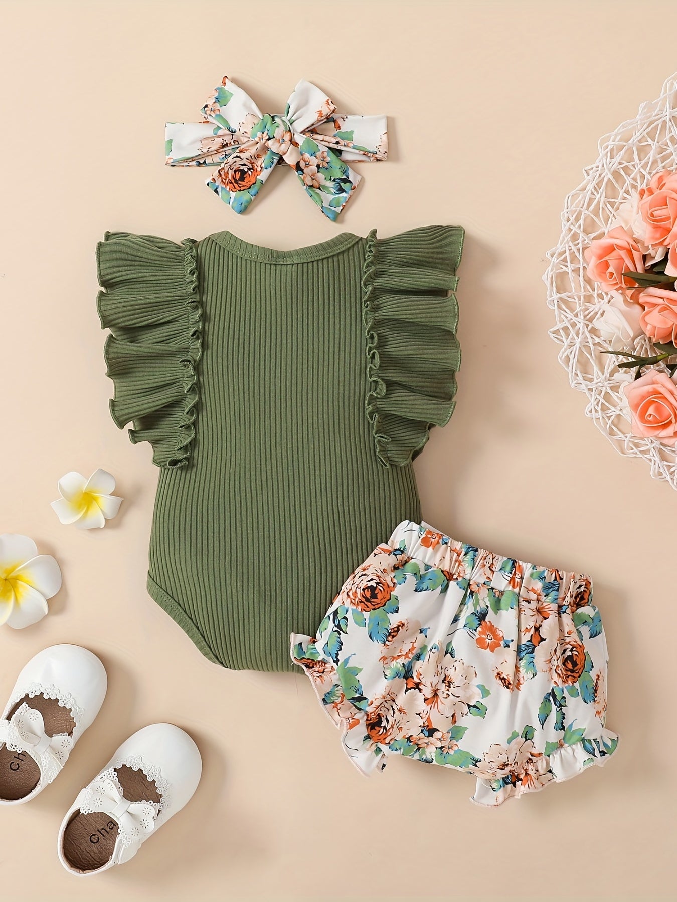 3pcs Baby Girls’ "Daddy's Girl" Ruffle Sleeve Onesie, Floral Shorts & Headband – Summer Outdoor Set