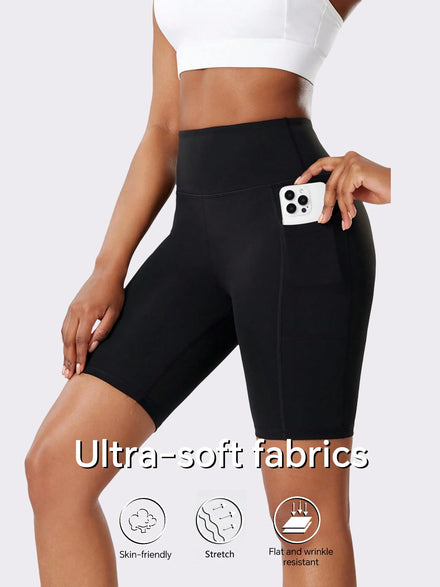 Women’s High-Waisted Biker Shorts — Tummy-Control Black Yoga Leggings Shorts with Pockets