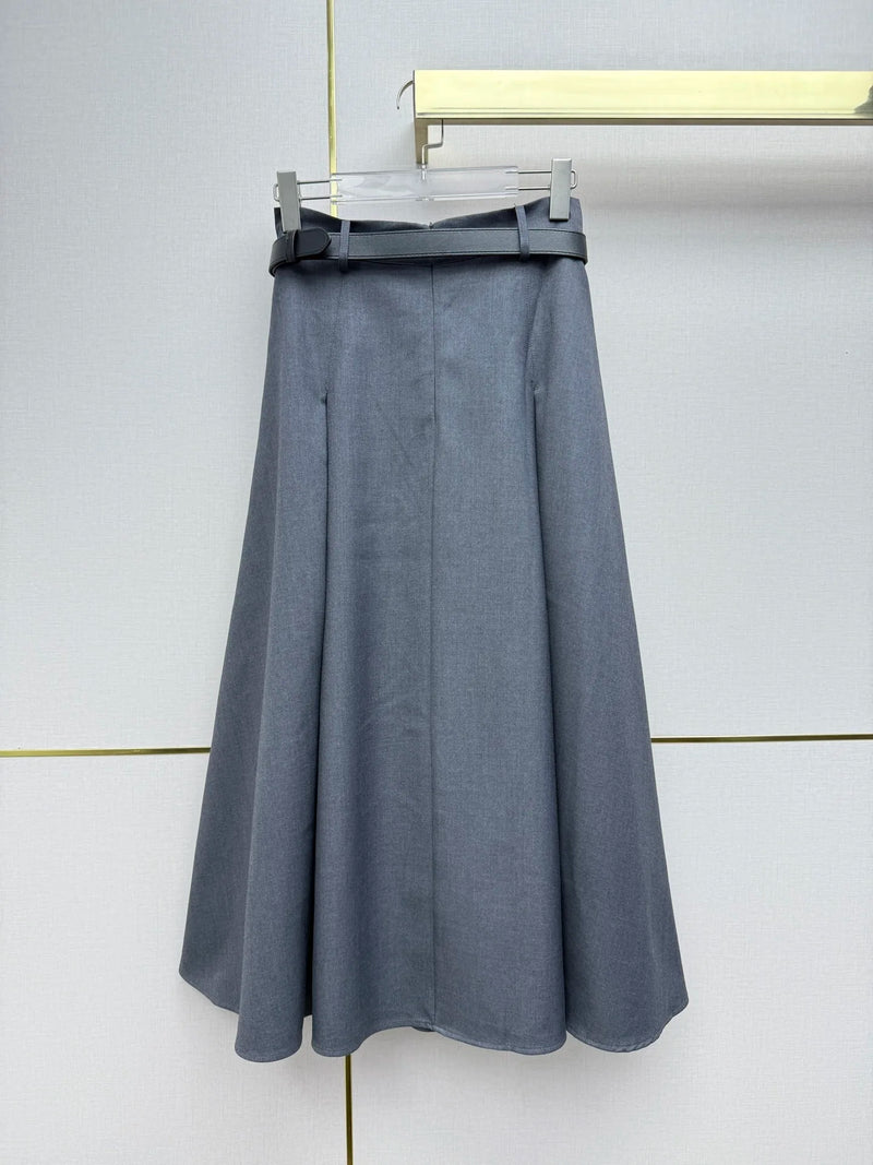 Belted A-Line Midi Skirt — Versatile Solid-Color Work-to-Weekend — front view