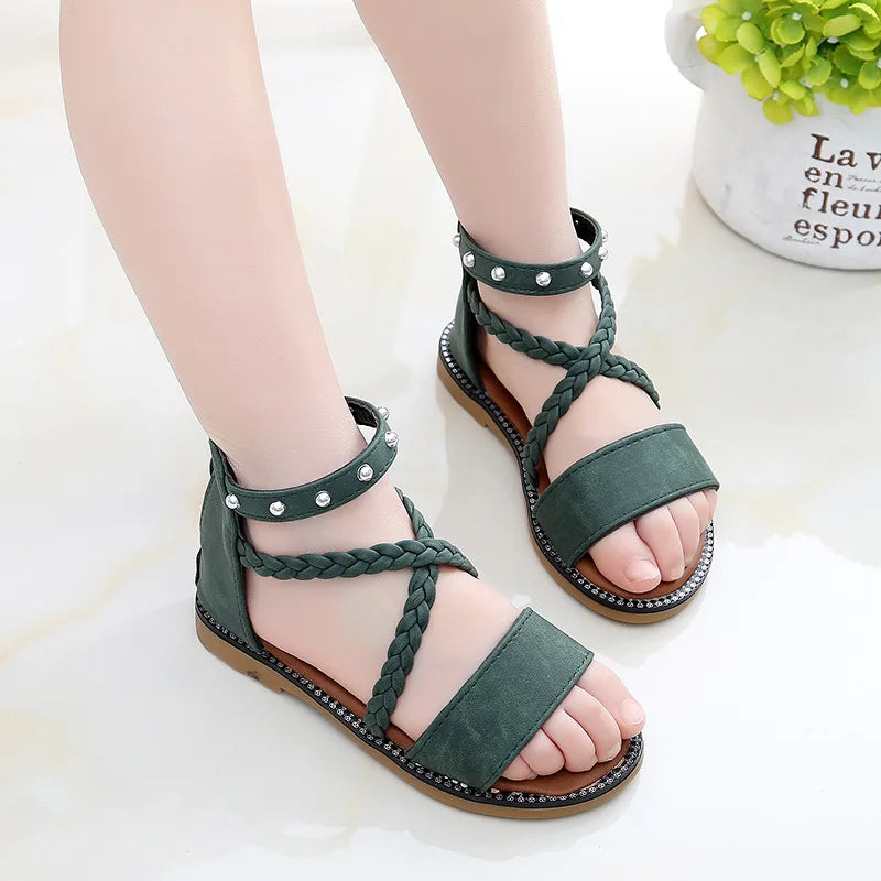 New Roman Rivet Girls’ Summer Dress Sandals – Stylish Open-Toe Shoes for Ages 3–12
