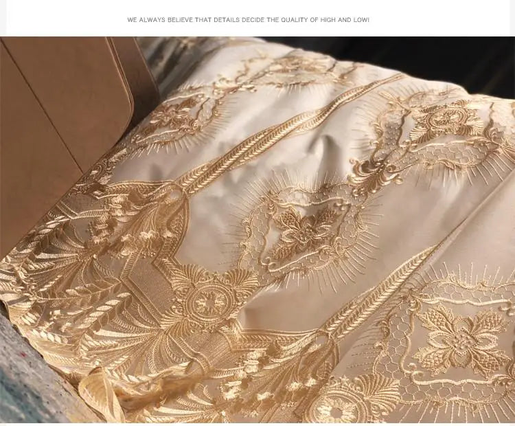 40Wide Golden Lace Duvet /Comforter Cover Set Pink White Premium Egyptian Cotton Bedding set Luxury Queen King size Bed sheet