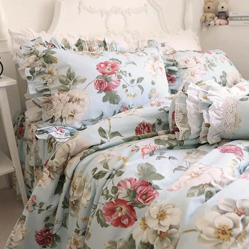 Korean 100% Cotton Floral Bedding Set – 4-Piece Duvet Cover with Flounced Cake Layer Ruffles
