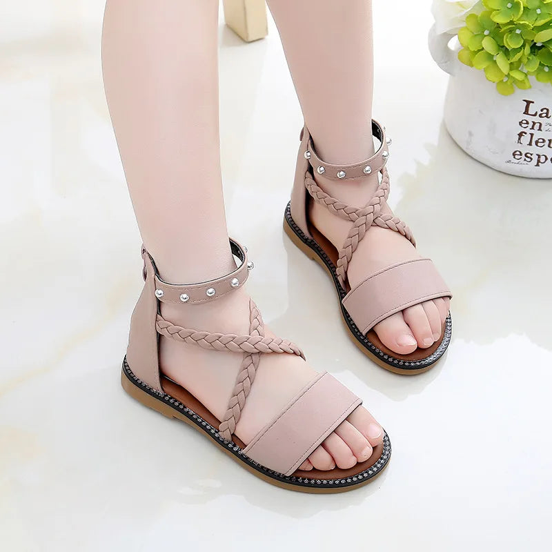 New Roman Rivet Girls’ Summer Dress Sandals – Stylish Open-Toe Shoes for Ages 3–12