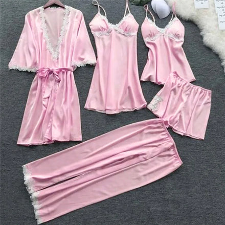 2023 Women Satin Sleepwear 5 Pieces Pyjamas Sexy Lace Pajamas Sleep Lounge Pijama Silk Night Home