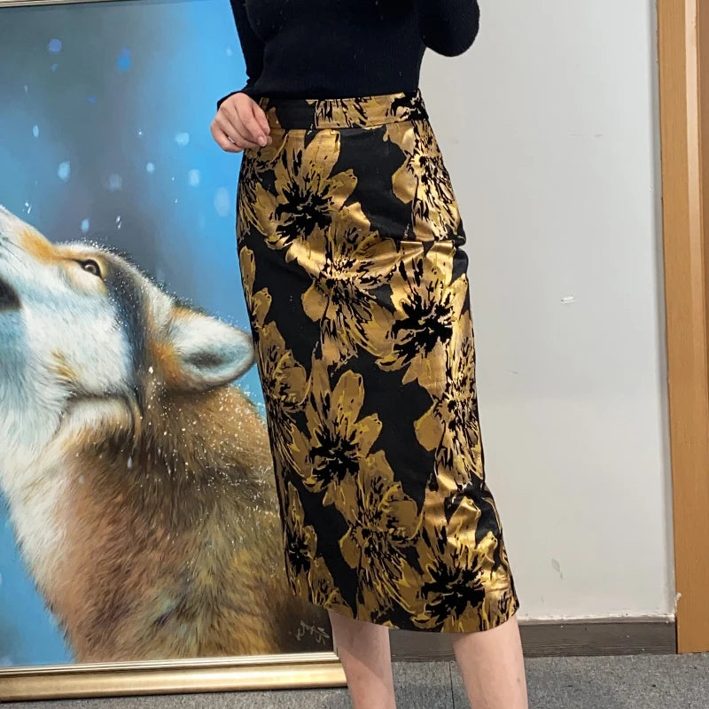 Genuine Leather Skirt Women 2024 Spring Chic Sheepskin High Waist Sexy Wrap Jupe Mujer Big Golden Flower Print Slit Midi Saia